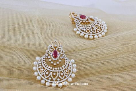 indian style Diamond Chandbali Earrings, Diamond Chandbali, Fancy Diamond Pendant, Diamond Pendant And Earrings, Manubhai Jewellers, Heavy Jewellery, Chand Bali, Latest Indian Jewellery, Earrings Diamonds