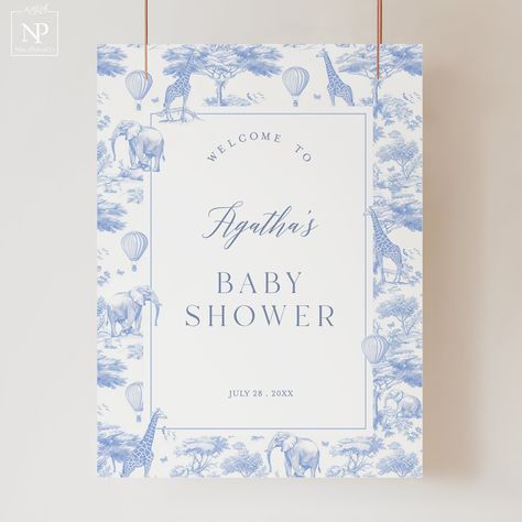 Welcome guests to your baby shower with our Safari Animal Toile de Jouy Welcome Sign Template! This digital template creates a warm and stylish entrance, featuring charming blue Chinoiserie and lush hot air balloon designs inspired by a stylish jungle theme. Perfect for adding a personalized touch to your celebration! Our designs are super-easy to edit and print. You can also send them by e-mail or text to your guests. A great way to save time and money so you have time to party! ♥ VIEW ALL MATC Toile Baby Shower Theme, Chinoiserie Baby Shower Theme, Baby Boy Baby Shower Themes, Hot Air Balloon Theme, Balloon Theme, Hot Air Balloon Design, Balloon Designs, Blue Chinoiserie