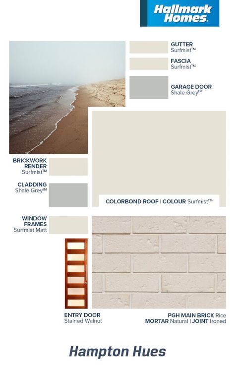 Hamptons Exterior Paint Colours, Exterior Render Colours, House Facade Color Schemes, Surfmist Roof Colour Schemes, Surfmist Exterior Colour Schemes, Weatherboard Renovation, Hamptons House Exterior Australia, Surfmist Exterior, Coastal Exterior House Colors