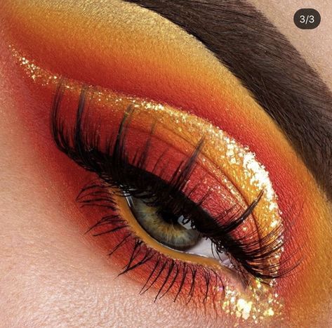 Phoenix Eye Makeup, Fire Make Up Halloween, Fire Eye Makeup Look, Fire Theme Makeup, Phoenix Inspired Makeup, Red Fire Makeup, Orange Halloween Eye Makeup, Phoenix Makeup Look, Fire Face Makeup