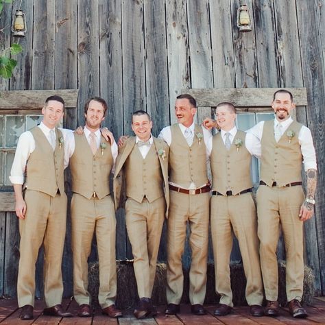 Striking Groomsmen Attire // photo by: The Nichols // http://www.theknot.com/weddings/album/a-retro-rustic-wedding-in-austin-tx-136754 Khaki Groomsmen, Casual Groomsmen Attire, Casual Groomsmen, Groomsmen Vest, Groom Vest, Groomsmen Outfit, Wedding Groomsmen Attire, Mens Wedding Attire, Groomsmen Outfits