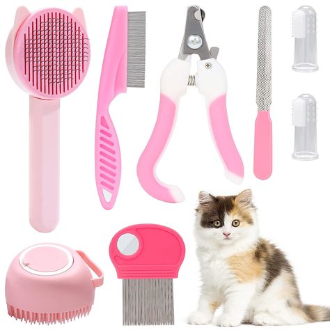 VCZONE 8 Pcs Cat Brush Grooming Kits, Pet Self Cleaning Kit with Pet Nail Clipper and File, Flea Comb, Pet Shampoo Bath Brush, Pet Shedding Brush, Silicone Toothbrush (Pink) Pet Shed, Pet Grooming Tools, Pet Shampoo, Pet Hair Removal, Grooming Routine, Healthy Pets, Brush Kit, Bath Brushes, Cat Supplies