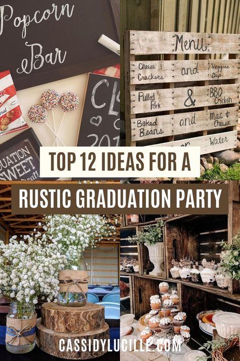 Discover the essential elements for a picture-perfect rustic graduation party with our top 12 rustic graduation party decorations. From burlap banners to mason jar centerpieces, create a cozy and inviting rustic graduation theme for your high school graduation party! Check out the best rustic graduation party ideas here! Rustic Graduation Party Ideas, Highschool Graduation Party, Graduation Party Theme Ideas, Rustic Graduation Party Decorations, Diy Graduation Party Decor, Graduation Mason Jars, Boys Graduation Party, Rustic Graduation Party, Pink Graduation Party