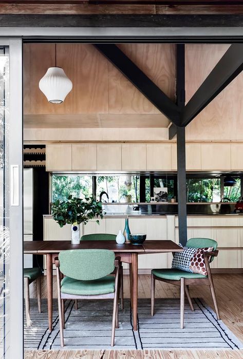 From letterbox to rear deck, this Modernist-leaning home in Brisbane is all angles and interesting volumes, delighting its owners and visitors in equal measure. Parker Furniture, Ceiling Cladding, White Exterior Houses, Timber Posts, Plywood Interior, Plywood Walls, Homes To Love, Timber Veneer, Timber Panelling