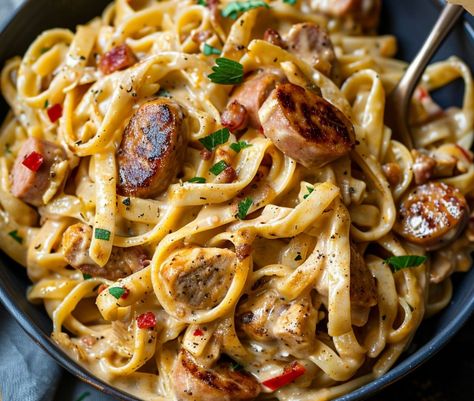 Creamy Cajun Chicken Pasta with Smoked Sausage – Chloe foods Smoked Sausage Cajun Alfredo, Chicken Sausage Alfredo, Cajun Alfredo Recipe, Pasta With Smoked Sausage, Cajun Chicken And Sausage, Cajun Alfredo, Sausage Alfredo, Smoked Sausage Pasta, Creamy Cajun Chicken