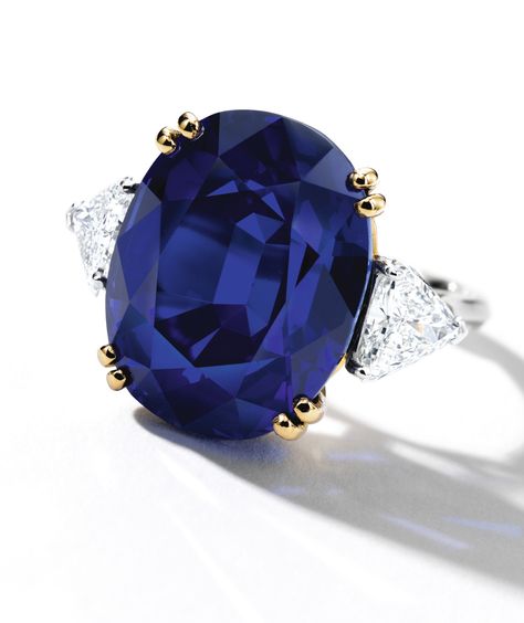 THE PRIDE OF KASHMIR: An Exceptional and Very Rare Sapphire and Diamond Ring. Set with a 20.22 carat oval Royal Blue sapphire, flanked by two trilliant-cut diamonds, mounted in platinum and 18 karat yellow gold. Kashmir Sapphire, Diamond Ring Set, Sapphire And Diamond Ring, Diamond Ring Settings, The Pride, Blue Gems, Shiny Things, Blue Sapphire Rings, Sapphire Jewelry