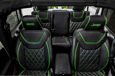 Black And Green Jeep Wrangler, Black And Green Car Interior, Green Car Accessories Interior, Jeep Wrangler Matte Black, Green Car Interior, Jeep Interior, Lime Green Jeep, Jeep Seat Covers, Green Jeep Wrangler