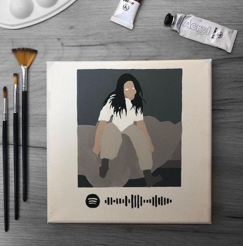 Billie Eilish album cover on canvas with spotify link Billie Eilish Painting Canvas, Billie Eilish Diy Crafts, Billie Eilish Painting Easy, Spotify Painting, Billie Eilish Painting, Billie Eilish Album Cover, Album Paintings, Spotify Canvas, Painted Cds