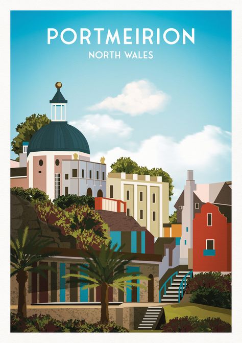 Are you looking to capture the essence of a special holiday destination? Look no further than our gorgeous travel poster of Portmeirion. With its majestic coastal cliffs, warm sandy beaches, and hauntingly beautiful woodlands, Portmeirion is the perfect place to go for a romantic getaway. Our travel poster captures the incredible beauty of this Welsh town and will add a touch of charm to any home décor. #portmeirion #wales #theprisoner Port Merion, Port Merion Wales, Vintage Travel Posters Ireland, Perranporth Cornwall, Portmeirion Wales, Ireland Travel Poster, Port Meirion, Coastal Cliffs, Saucy Seaside Postcards British