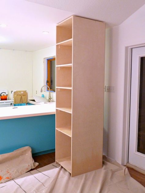 Kitchen Progress: DIY Pantry Cabinet + Working Around the Weirdness Diy Wood Cabinet Storage, How To Build A Tall Cabinet, Diy Food Pantry Cabinet, How To Build Pantry Cabinets, Easy Diy Pantry Cabinet, Diy Pantry Cabinet Small Spaces, Diy Kitchen Pantry Cabinet How To Build, Pantry Cabinet Plans, How To Make A Pantry