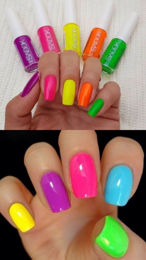 Neon Pedicure Toenails, Multi Colored Nails Summer, Rainbow Pedicure, Neon Rainbow Nails, Neon Pedicure, Neon Toe Nails, Coral Nails With Design, Nail Polish Art Designs, Cruise Nails