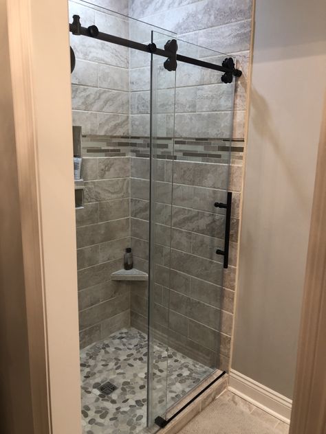 Shower Barn Door, Barn Door Shower, Shower Sliding Glass Door, Small Shower Remodel, Cheap Bathroom Remodel, Shower Renovation, Frameless Sliding Shower Doors, Young House Love, Small Showers