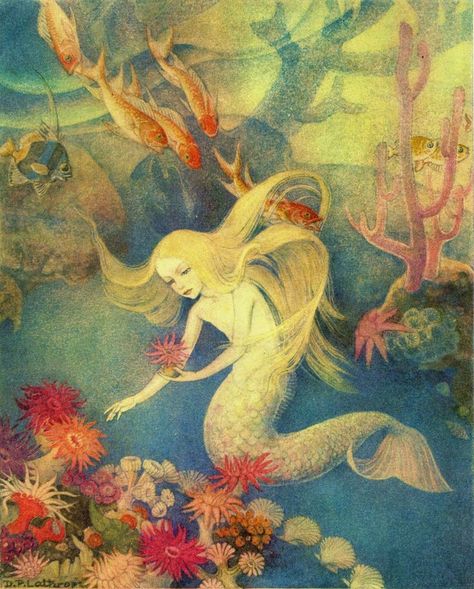 Dorothy Lathrop ~ The Little Mermaid ~ 1939 The strangest trees and flowers grow there, with leaves and stems so flexible that at the least motion of the water they move just as if they were alive. Description from pinterest.com. I searched for this on http://bing.com/images Dorothy Lathrop, Art Vampire, Dengeki Daisy, Mermaid Images, Mermaid Illustration, Fairy Tale Books, Mermaid Dreams, Samurai Tattoo, Mermaids And Mermen