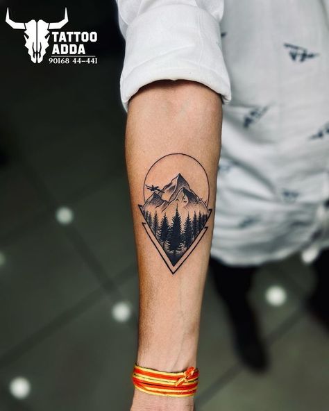 Mountain Tracking, Thumb Tattoos, Full Hand Tattoo, Adventure Tattoo, Mountain Tattoo Design, Forearm Band Tattoos, Finger Tattoo For Women, Bike Tattoos, Back Piece Tattoo