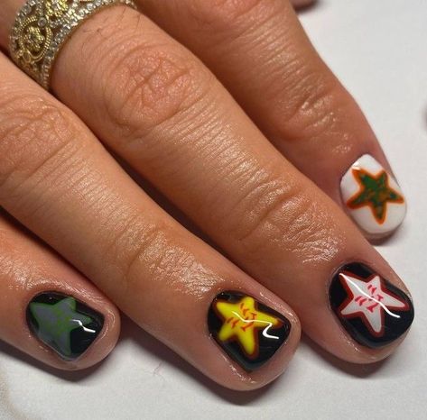 Nails With Faces, Weirdcore Nails, Short Hippie Nails, Nail Ideas Natural Nails, Short Maximalist Nails, Masculine Nail Designs, Masculine Nails, Gay Nails, September Nail Art