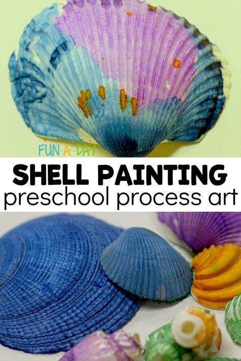 Use seashells as your canvas in this fun process art activity for preschool! It can tie into an ocean theme, a beach theme, or be a fun activity to do at back to school time when the weather is still warm and kids want to show off their summer shell collections! Ocean Art For Kids, Ocean Theme Preschool Activities, Preschool Process Art, Beach Theme Preschool, Ocean Activities Preschool, Process Art Preschool, Summer Lesson Plans, Ocean Art Projects, Daycare Projects