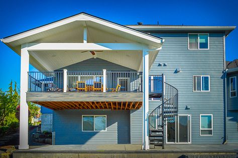 Second Story Deck and Patio Cover with Spiral Staircase Second Story Decks And Porches, Covered Balcony Ideas Second Story, Second Story Covered Deck Ideas, Second Story Deck Ideas, Lakeview House, Corner Balcony, Dining Extension, Bedroom Deck, Deck Cover