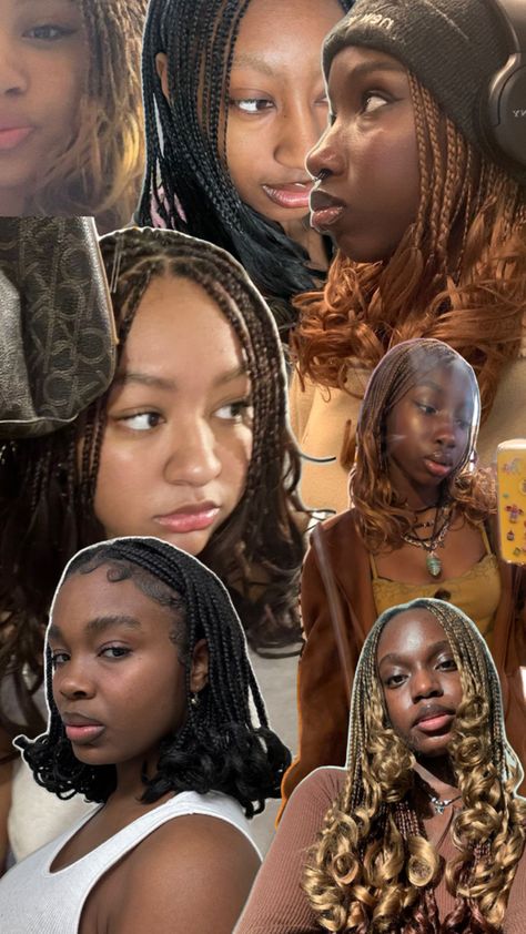 Collage , short braids with curl at the end Short French Curls, French Curls, Cute Box Braids, Short Box Braids Hairstyles, Short French, Curly Braids, French Curl, Summer Braids, Short Box Braids