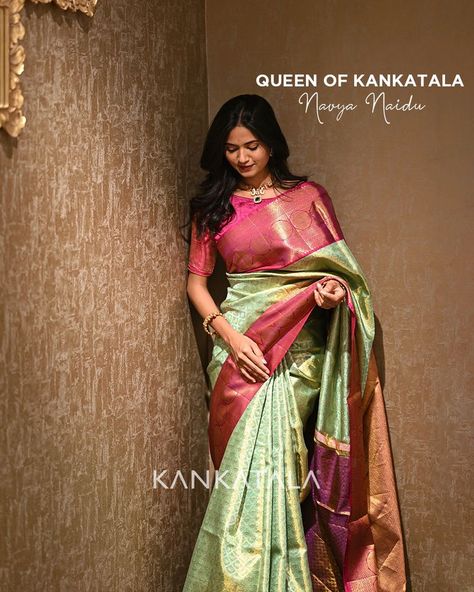 Navya Naidu looks stunning draped in our authentic Kanchipuram Silk Saree with gold brocade from our Indian Metallics series. The green base with metallic gold tissue embraced in a contrast korvai pink big border flaunting elegant floral and brocade is surely to be your best pick for this wedding season. #metallicsarees #silktissue #tissue #puresilk #indianmetallicsbykankatala #indianmetallics #kanchipuramsaree #handmadewithlove #tissuesaree #indianheritage Pink Saree Silk, Saree Color Combinations, Silk Marvel, Kanjivaram Sarees Silk, Indian Wedding Fashion, Half Saree Lehenga, Indian Bridal Sarees, Pattu Saree Blouse Designs, Crepe Silk Sarees