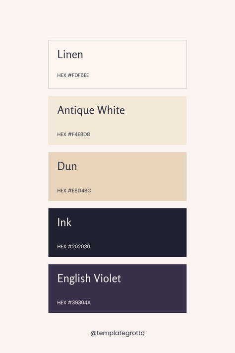 An elegant, minimalist color palette featuring five swatches: Linen (#FDF6EE), a soft off-white; Antique White (#F4E8D8), a light cream; Dun (#E8D4BC), a warm beige; Ink (#202030), a deep navy; and English Violet (#39304A), a muted purple. The swatches are labeled with their respective names and hex codes, displayed on a clean, neutral background. Navy Blue Cream Color Palette, Neutral Color Palette For Clothes, Beige Navy Color Palette, Classy Color Palette, Color Palette Muted, Echo Logo, Minimalist Color Scheme, Cozy Colors Palette, Elegant Color Palette