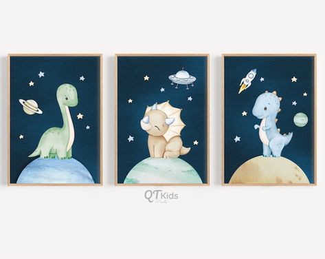 QTKidsPrints - Etsy Saudi Arabia Space Dino Nursery, Dinosaur Nursery Painting, Dinosaurs In Space Nursery, Space Dinosaur Nursery, Painting Ideas For Nursery, Paintings For Kids Room, Nursery Colourful, Watercolour Dinosaur, Space Dinosaur