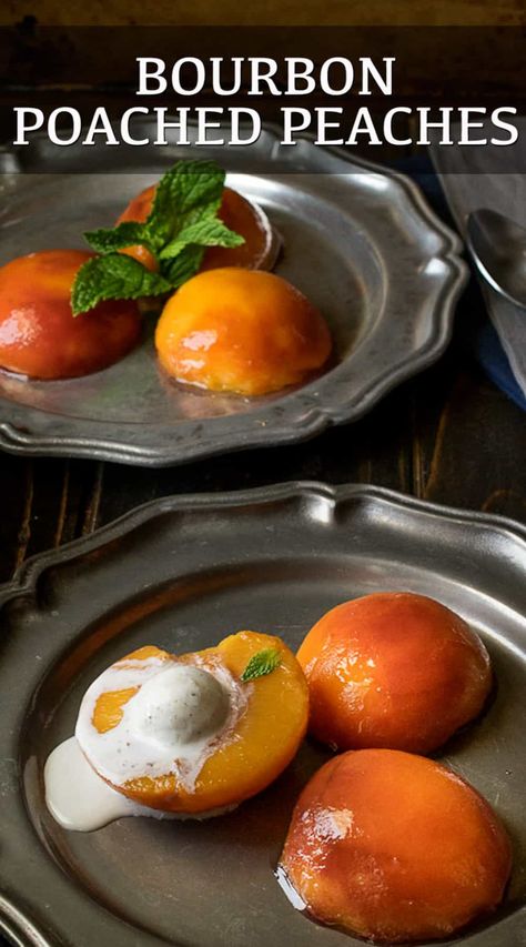 Bourbon Poached Peaches is a dessert that is impressive enough to serve for a dinner party and takes almost no time at all. Ripe peaches are poached in bourbon and sugar, the sauce is then cooked and reduced to a luscious sauce that is drizzled over the peaches and topped with vanilla ice cream and fresh mint.#poachedpeaches #bourbonpeaches #fruitdessert Poached Peaches, Peaches Recipes, Cookbook Inspiration, Fruits Recipes, Medieval Feast, Desserts Fruit, Peach Dessert Recipes, Lent Recipes, Baked Peach