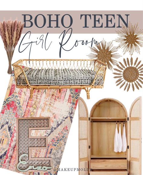 Girly Boho Decor, Boho Teen Room Target, Teen Room Boho Shelves, Cute Beds For Teenagers Bohemian, Amazon Boho Decor, Boho Rainbow Bedroom, Cute Bedding For Teenagers Boho, Room Teen Girl, Headboard Rattan