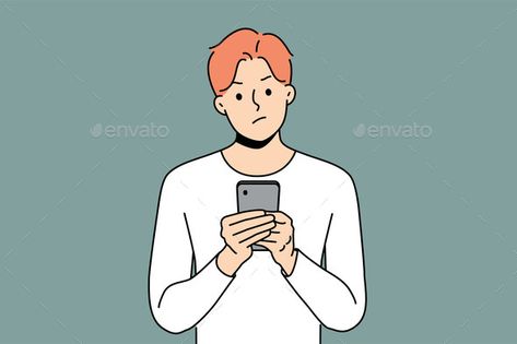 Pensive Man with Phone Received Warning Text Looking At Phone, Iphone Drawing, Digital Doodles, Portfolio Illustration, Person Drawing, Face Id, Design Typography, Modern Graphic Design, Graphic Design Portfolio