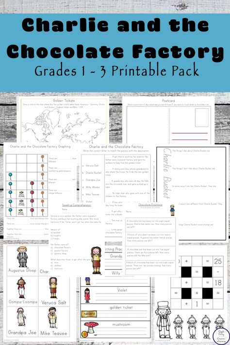 This 100+ page Charlie and the Chocolate Factory contains a variety of literacy and math related activities for kids in grades 1 - 3. Charlie And The Chocolate Factory Book Activities, Charlie And The Chocolate Factory Project, Charlie And The Chocolate Factory School, Charlie And Chocolate Factory Activities, Charlie And The Chocolate Factory Activities, Charlie And The Chocolate Factory Crafts, February Homeschool, Roald Dahl Activities, Teaching Bag