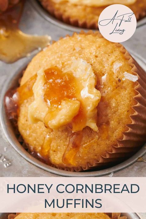 These delicious and sweet cornbread muffins are a fantastic addition to any meal. They are naturally sweetened with honey only. Slather them in whipped honey butter for a decadent bite! Sweet Honey Cornbread Muffins, Honey Cinnamon Cornbread Muffins, Honey Butter Corn Muffins, Honey Cornbread Recipe Muffins, Honey Butter Cornbread Muffins, Sweet Honey Cornbread Recipe, Honey Butter Cornbread Recipe, Corn Muffins Moist, Best Corn Muffins