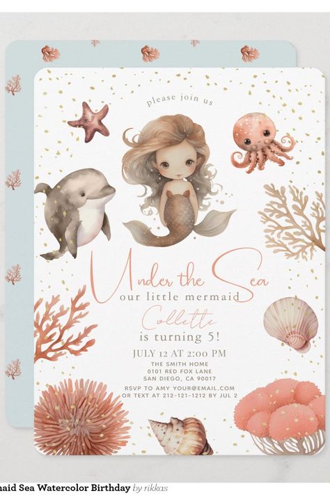 Under the Sea Mermaid Sea Watercolor Birthday Invitation Sea Watercolor, Sea Mermaid, Girl 1st Birthday, Mermaid Birthday Invitations, 1st Birthday Invitation, Watercolor Birthday, 1st Birthday Invitations, Pink Birthday, Mermaid Birthday