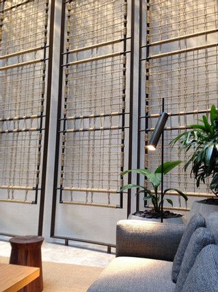 architectural woven rope screen | SCREENS Congo Jungle, Rope Screen, Egyptian Furniture, Feature Wall Design, Ceiling Detail, Lounge Ideas, Religious Architecture, Bamboo Design, Partition Design