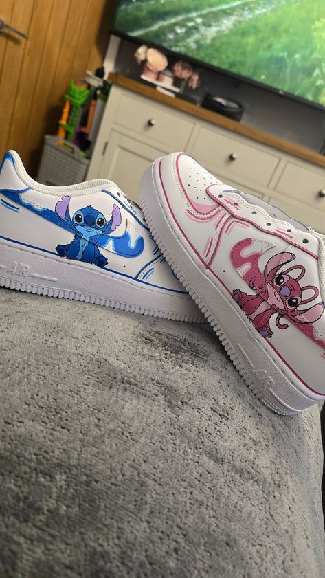 These classic AF1s are personalized with stitch and angel  *All sneakers are painted with high-quality paint meaning it's water-resistant, non-smudging leather paint, and finished with finishers and scratch-resistant protectors! 100 % Authentic Air Force 1 Sneakers. If you want any modifications or personal touches to your order please let me know. We also provide other authentic shoes for your personal customization. **Each pair is made to order, please make sure you put in the correct shoe siz Angel Custom, Casual Shoes Women Sneakers, Custom Sneakers Diy, Air Force 1 Sneakers, Pretty Sneakers, Custom Painted Shoes, Custom Shoes Diy, Diy Sneakers, Painted Sneakers