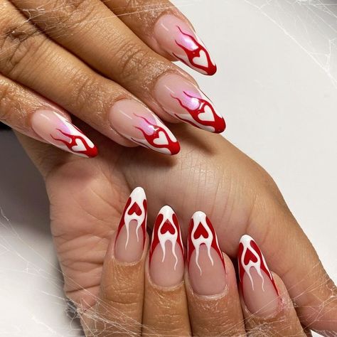 heart flame french Heart Tip Nails, Heart Flame, Acrylic Nail Designs Classy, Flame Nail Art, Vday Nails, Heart Nail Designs, Black Acrylic Nails, February Nails, Airbrush Nails