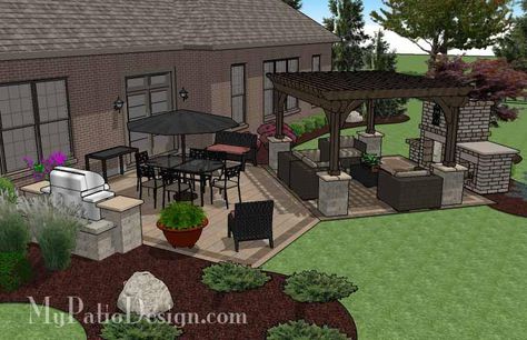 635 sq. ft. - Dreamy Fireplace Patio Design with Pergola – MyPatioDesign.com Backyard Patio Layout, Dreamy Fireplace, Paver Patio Installation, Corner Fireplaces, Diy Patio Ideas, Fireplace Patio, Basement Entrance, Patio Installation, Small Pergola