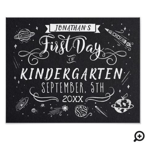 Artistic, stylish and unique first day of school black chalkboard outer space chalk art sign for your child to hold in their first day of school photos. The design features stylish custom typography design for your child’s first name, grade and date with our hand-drawn artistic outer space art design framing beautifully around the design. A black chalkboard background adds a bold look. All artwork are hand-drawn original artwork by Moodthology. Chalk Art Signs, Outer Space Poster, First Day Of School Photos, Outer Space Posters, Chalkboard Wall Art, Chalkboard Theme, Outer Space Art, Outer Space Theme, Custom Typography