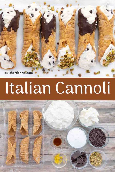 How to make Cannoli (Cannoli Filling Recipe) | Chef Dennis Cannoli Recipe Easy Cannoli Shells, Homemade Cannoli Filling, Sourdough Cannoli, Best Cannoli Recipe, Christmas Food Italian, Florentine Cannoli Recipe, Cannoli Recipe Filling Mascarpone, Canolli Filling Recipe, Canolis Recipe Italian Easy