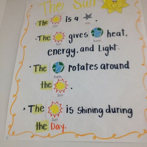 Sun anchor chart Sun Anchor Chart, Space Lessons, Space Preschool, Kindergarten Anchor Charts, Science Anchor Charts, Activities Kindergarten, 1st Grade Science, First Grade Science, Primary Science