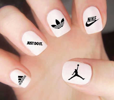 Air Jordan Nail Decal / Nike Nail Decal / Adidas Nails / Athletic / Sports… Chanel Nail Art, Chanel Nails Design, Nike Nails, Adidas Nails, Sports Nails, Nail Room Ideas, Cricket Crafts, Unghie Nail Art, Chanel Nails