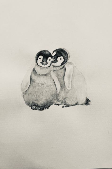 cute penguins watercolor illustration Draw Cute Animals, Penguins In Love, Two Penguins, Love Watercolor, Draw Cute, Penguin Love, Cute Animal Illustration, Love Drawing, Hand Draw