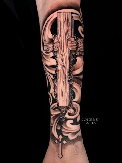 Check me out on Instagram! @jokerstatts432 Cross Tattoo Stencil, Tattoo Filigree, Wooden Cross Tattoos, Cross Tattoo Design, Rope Tattoo, Blood Tattoo, Rosary Tattoo, Filigree Tattoo, Dad Tattoo