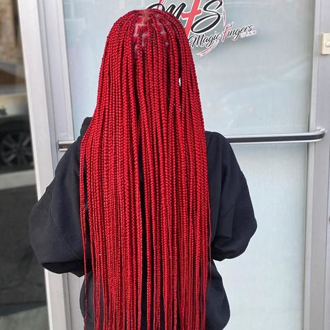 Darkish Red Hair, Red Medium Box Braids, Red Knot Less Braids, Bright Red Box Braids, Xl Knotless Braids, Xs Knotless, Xs Knotless Braids, Knotless Braids Red, Burgundy Braids