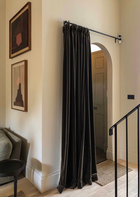 Velvet Door Curtain – The Hackney Draper Contemporary Door, Upholstery Diy, Highland Homes, Window Dressings, Curtains Blinds, Door Curtain, Velvet Curtains, Upholstery Fabrics, Door Curtains