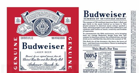 Budweiser Adding 1969 Vintage Design Cans (Summer of 69) https://n.kchoptalk.com/2ZBwlRT Printable Beer Labels, Bud Beer, Beer Case, How Much Sugar, Beer Ad, Budweiser Beer, Dollhouse Printables, Sublimation Ideas, Beer Logo