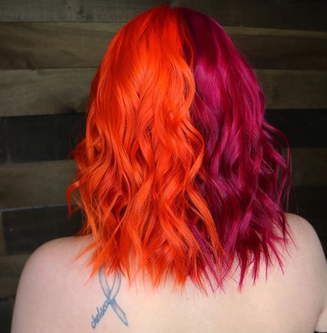 Two is Better Than OneLoving this vibrant Siam Orange + Fuchsia Pink split by @xx_beautevil_xx #lunartides #splithair Dark Pink And Orange Hair, Orange And Magenta Hair, Split Dye Ombre Hair, Purple And Orange Hair Split, Pink Split Dyed Hair, Orange And Purple Hair, Purple And Orange Hair, Orange And Pink Hair, Pink Orange Hair