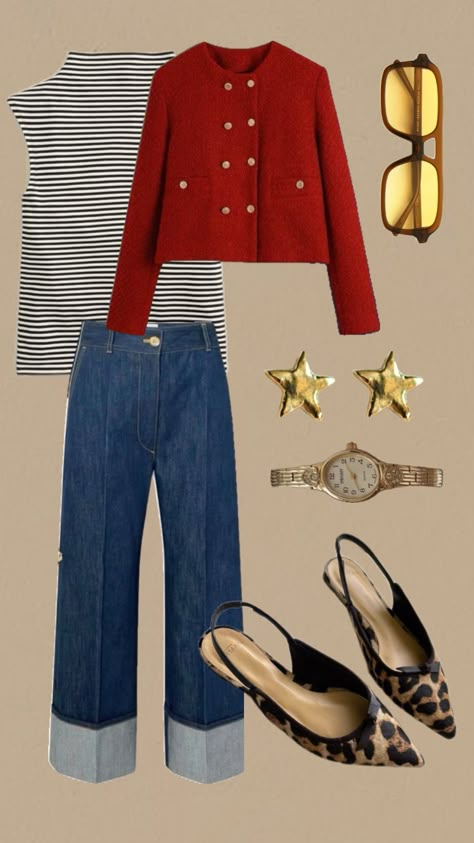 Fall, Fall Outfits, Trends, Cute, City Style Red And Navy Outfits For Women, Style Red Blazer Women, Spring Outfit Ideas 2025, Red Spring Outfit, Blue Tweed Blazer Outfit, 2025 Clothing Trends For Women, Red Blazer Outfit Classy, Red Tweed Jacket Outfit, Galentines Day Outfits