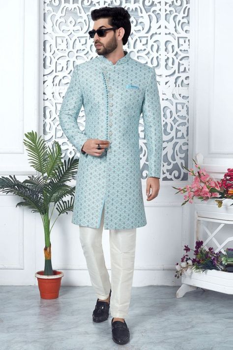 Sky Blue Jacquard Silk Indo Western Outfit Indo Western Outfit, Indowestern Sherwani, Western Outfit, Indo Western, Hand Work, Ready Made, Western Outfits, Sky Blue, Blue Sky