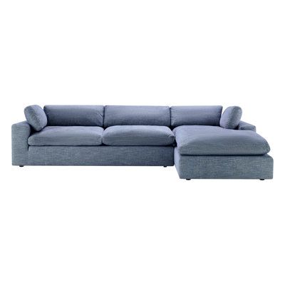 Defined by a boxy silhouette and minimalist appeal, the Asher 2-Piece Upholstered Sectional elevates your sitting area with luxurious comfort and tailored sophistication. The sectional includes two pieces, a sofa and chaise. Removable seat and back cushions feature overstuffed feathers and high-density foam fill that invite you to sink into comfort. Square arms enhance the handsome character of the Asher chaise sectional while giving you ample room to rest your arm. Two throw pillows provide add Slate Blue Sectional, Blue Grey Sectional, Denim Chenille, Couch Pillow Arrangement, Blue Sectional, Blue Couch, 2 Piece Sectional Sofa, Ski Cabin, Apartment Loft