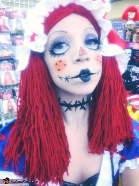 Dahlia: This is a creepy version of Raggedy Ann. I thrifted the costume and added a red yarn wig. I did all the makeup myself in such a way to look... Rag Doll Makeup, Raggedy Ann Halloween Costume, Creative Diy Costumes, Raggedy Ann Costume, Rag Doll Costume, Yarn Wig, Creepy Makeup, Halloween Costumes 2016, Scarecrow Costume