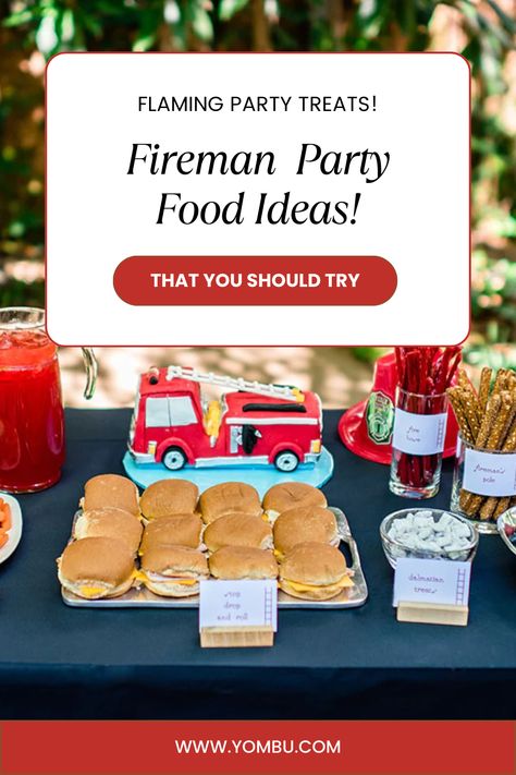 Light up your Fireman Themed Party with fiery treats! Imagine chocolate donuts as fire truck tires, chocolate-covered pretzel sticks with red sprinkles as fire starters, and white chocolate-covered marshmallows as fire balls. Add savory delights like hot dogs, cheese, and tomato skewers for a variety of flavors. Ignite the taste buds and keep the energy soaring at your blazing celebration! #FiremanParty #TreatIdeas #SavorySnacks #PartyFood #FiremanTheme #inspiration #kidsparty #yombu Fire Themed Party, Fire Truck Party Food, Firefighter Party Food, Firefighter Party Ideas, Birthday Appetizers, Fireman Birthday Party, Chocolate Covered Pretzel Sticks, Tomato Skewers, Fireman Cake